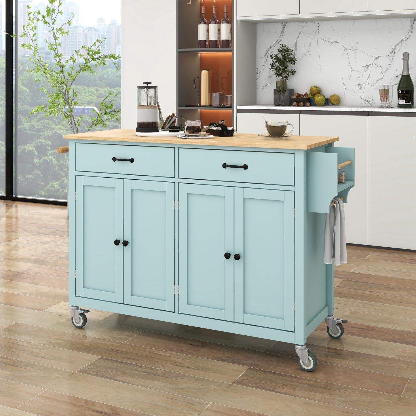 Kitchen Island Cart with 4 Doors (Mint Green)