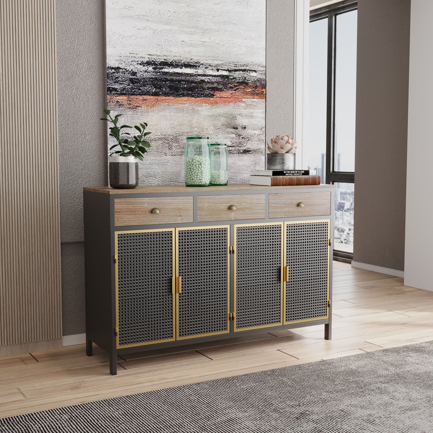 48" Wide 4 Doors Modern Sideboard with 3 Top Drawers, Freestanding Sideboard Storage Cabinet Entryway Floor Cabinet