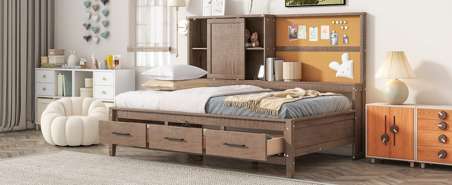 Twin Size Lounge Daybeds, USB Ports and 3 Drawers, Antique Wood Color