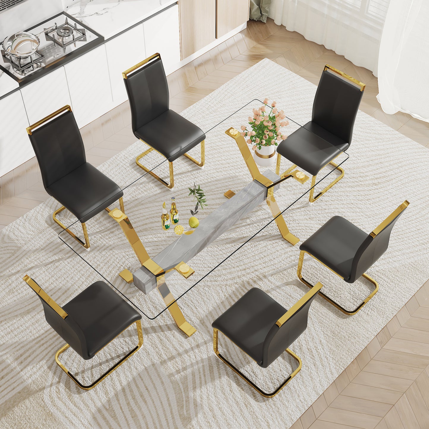 LuxGlass Rectangular Dining Set - Includes 1 Table and 6 Chairs. Modern Simplicity with Tempered Glass Tabletop and 6 Black PU Gold-Plated Leg Chairs. Dimensions: 79''x39''x30''