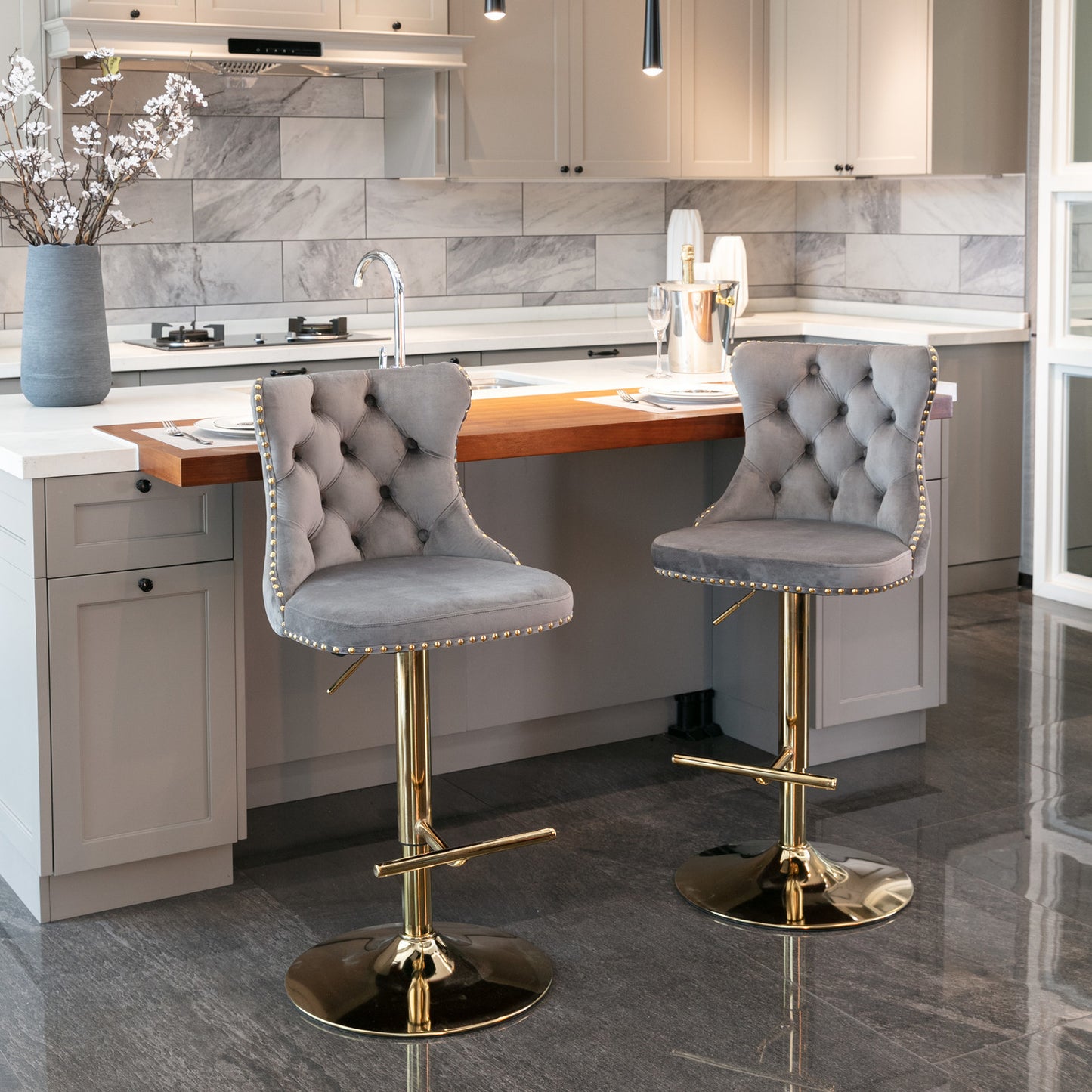 Modern Velvet Gold Studded Barstools