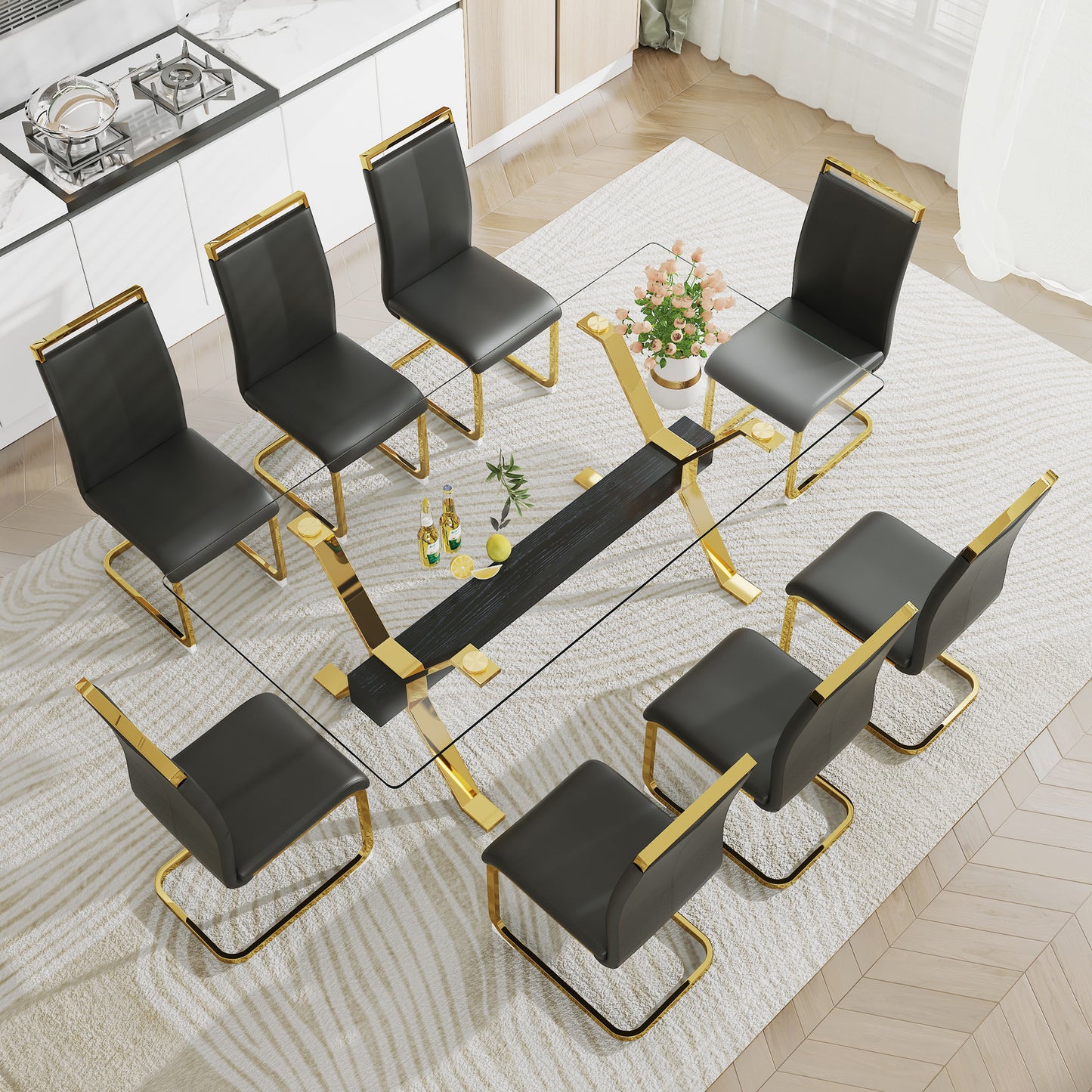 GrandGlass Rectangular Dining Set - Includes 1 Table and 8 Chairs. Modern Simplicity with Tempered Glass Tabletop and 8 Black PU Gold-Plated Leg Chairs. Dimensions: 79''x39''x30''