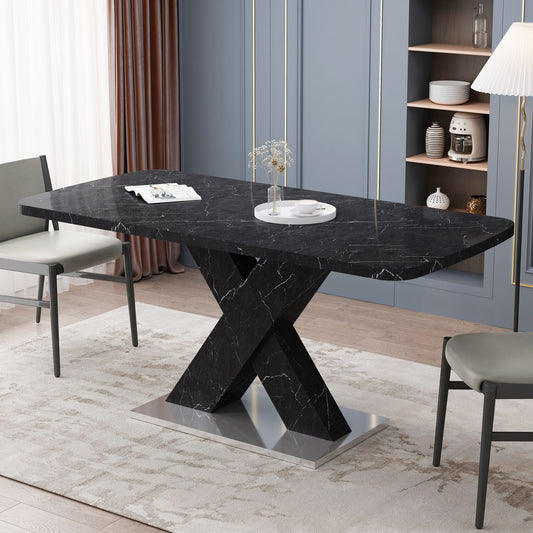 Modern Square Dining Table;  Stretchable;  Printed Black/white Marble Table Top+MDF X-Shape Table Leg with Metal Base