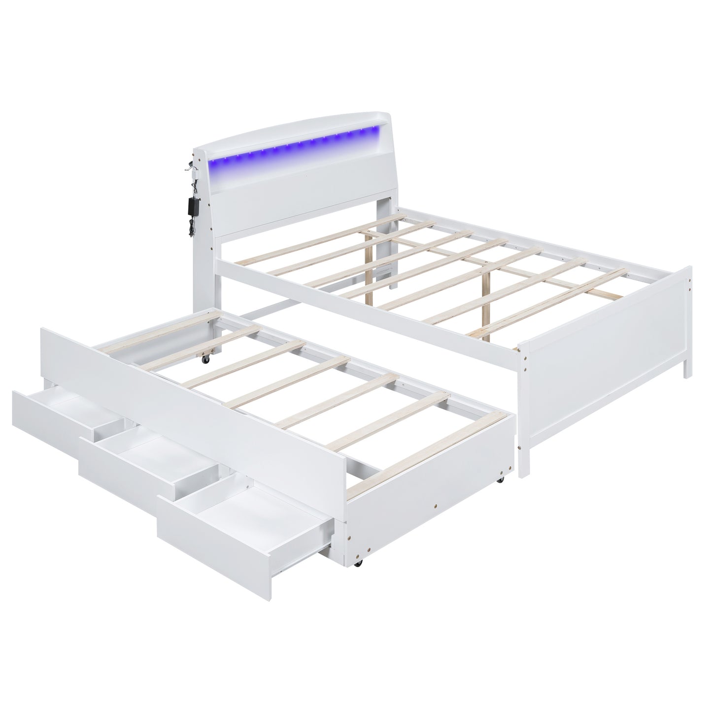 Full Size Platform Bed with Storage LED Headboard, Twin Size Trundle and 3 Drawers, White