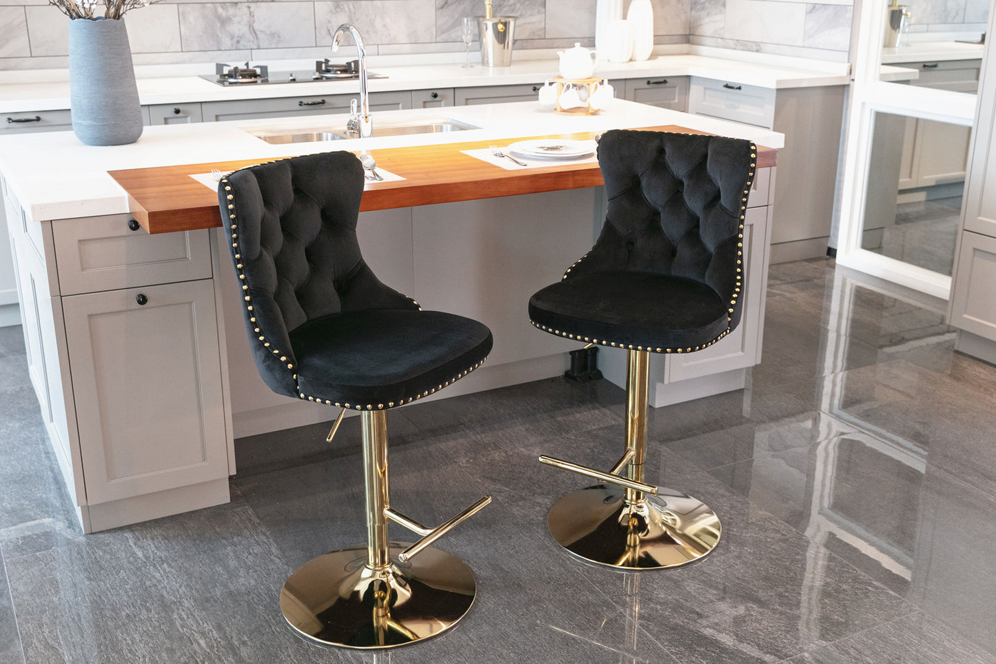 Modern Velvet Gold Studded Barstools