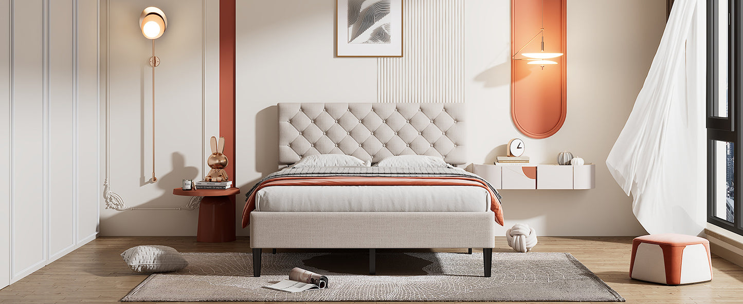 Upholstered Linen Platform Bed, Full Size