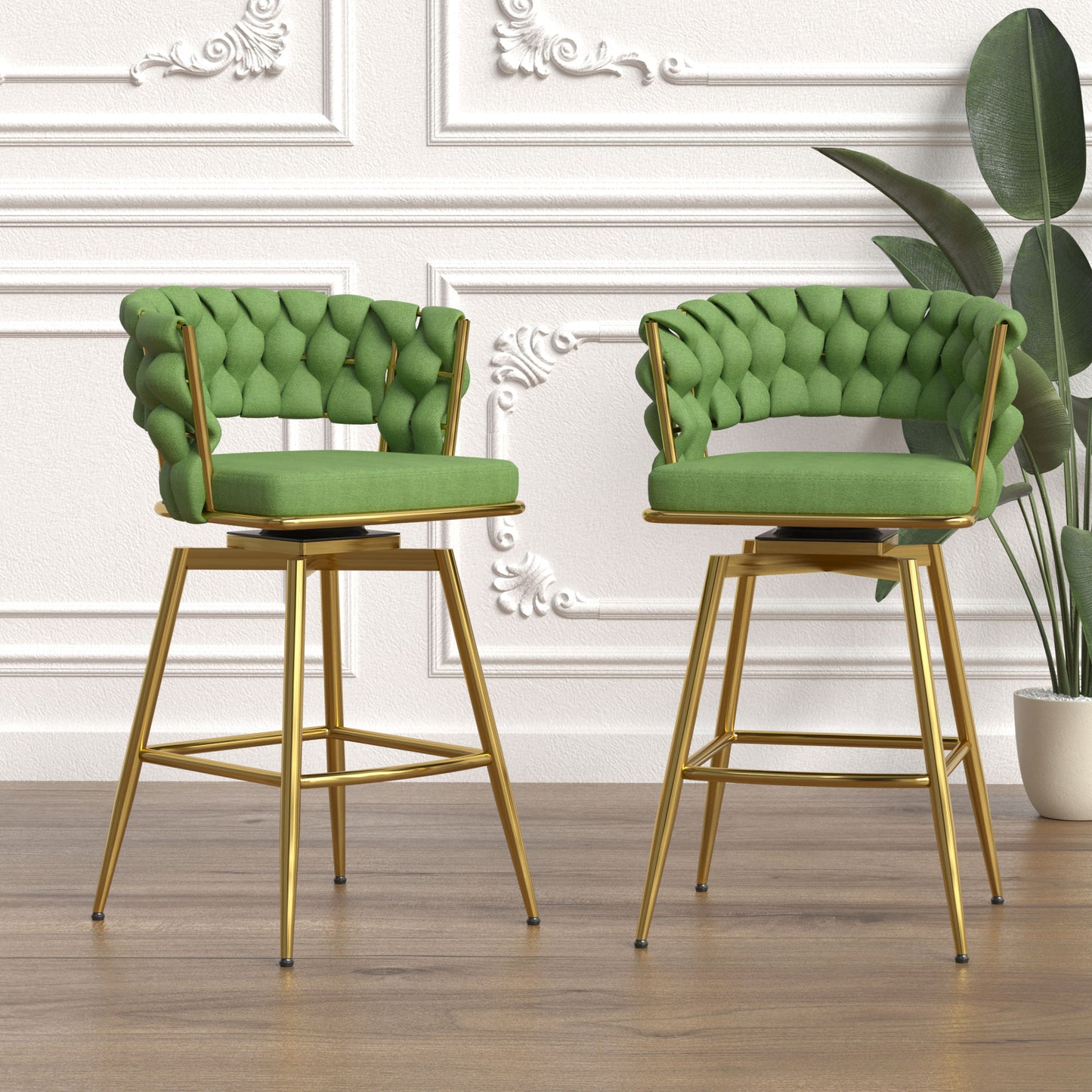 Bar Chair Linen Woven Bar Stool Set of 2, (Green)