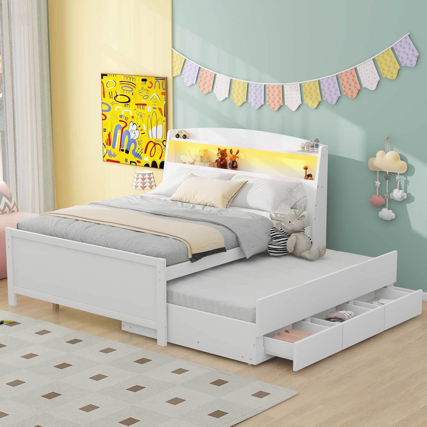 Full Size Platform Bed with Storage LED Headboard, Twin Size Trundle and 3 Drawers, White