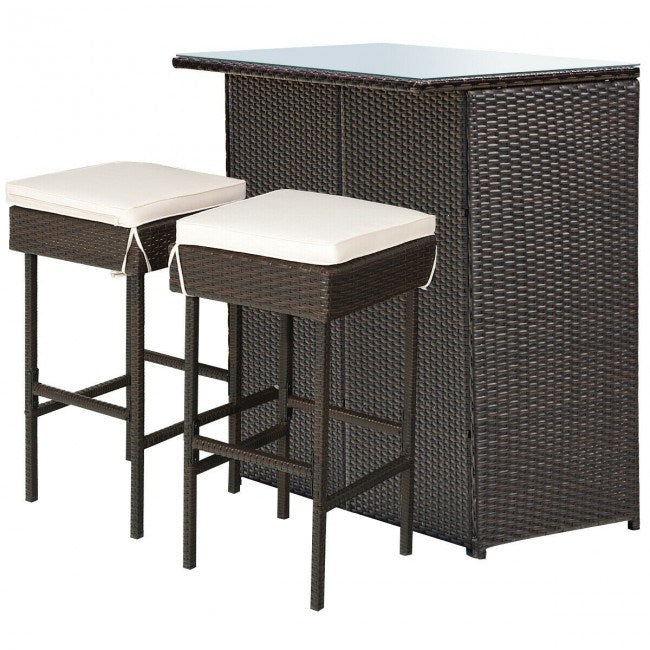 3 Pieces Outdoor Patio Rattan Wicker Bar Set