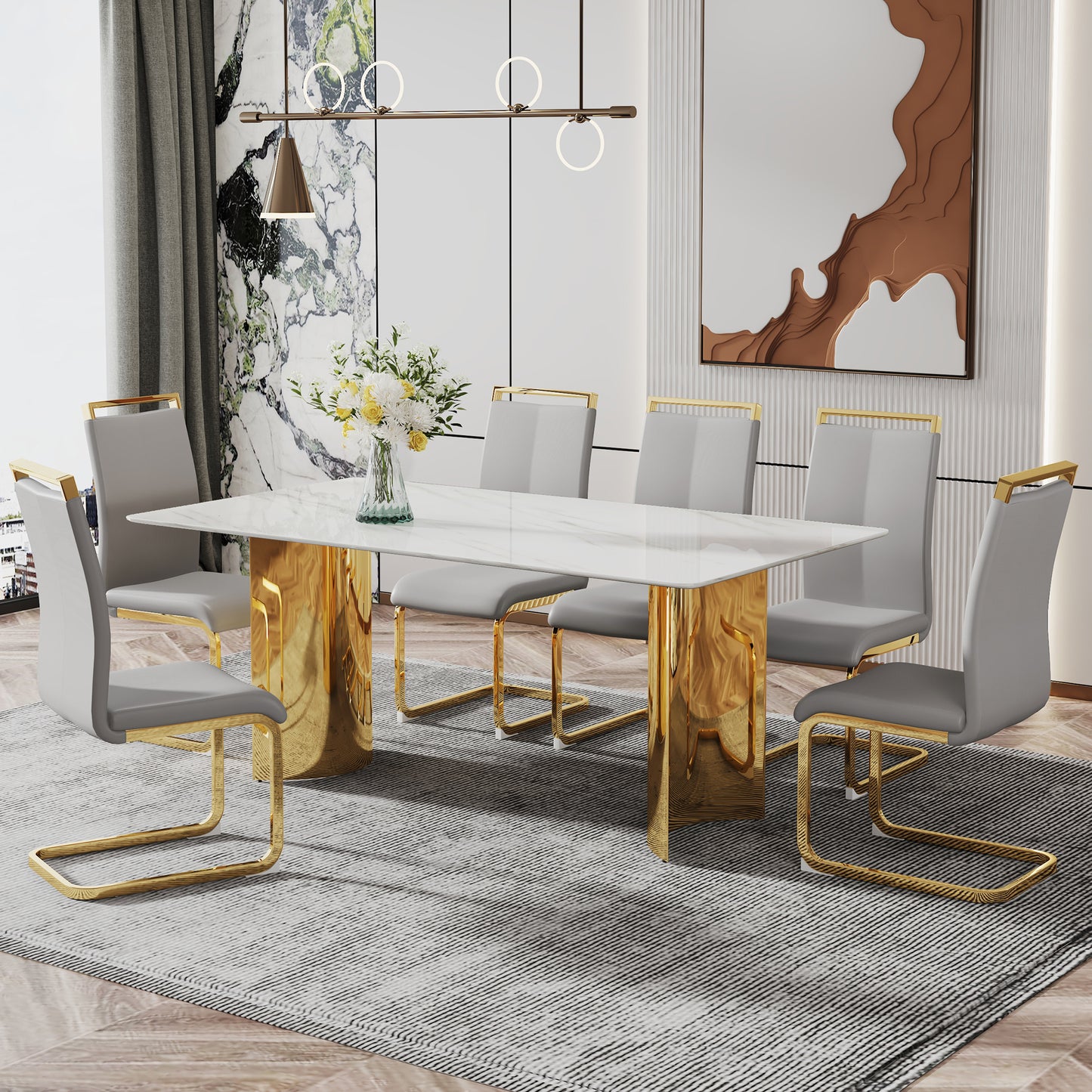 Modern minimalist dining table. The white imitation marble glass desktop is equipped with golden metal legs. Suitable for restaurants and living rooms 71 "* 39.3" * 29.5 "DT-69