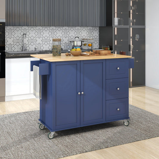 Rolling Mobile Kitchen Island with Drop Leaf - Solid Wood Top Dark blue)