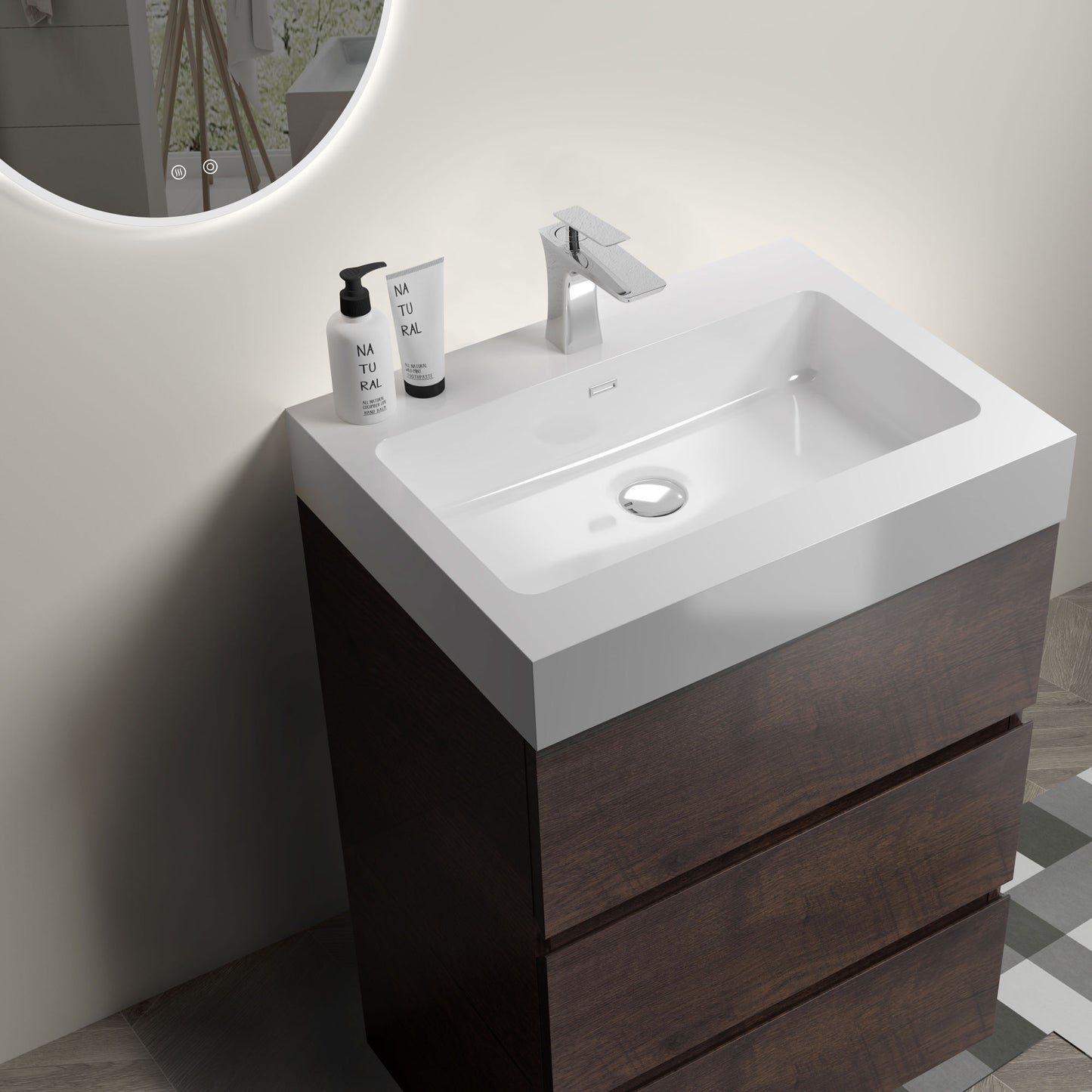 Alice 24" Walnut Bathroom Vanity with Sink, Large Storage Freestanding Bathroom Vanity for Modern Bathroom, One-Piece White Sink Basin without Drain and Faucet