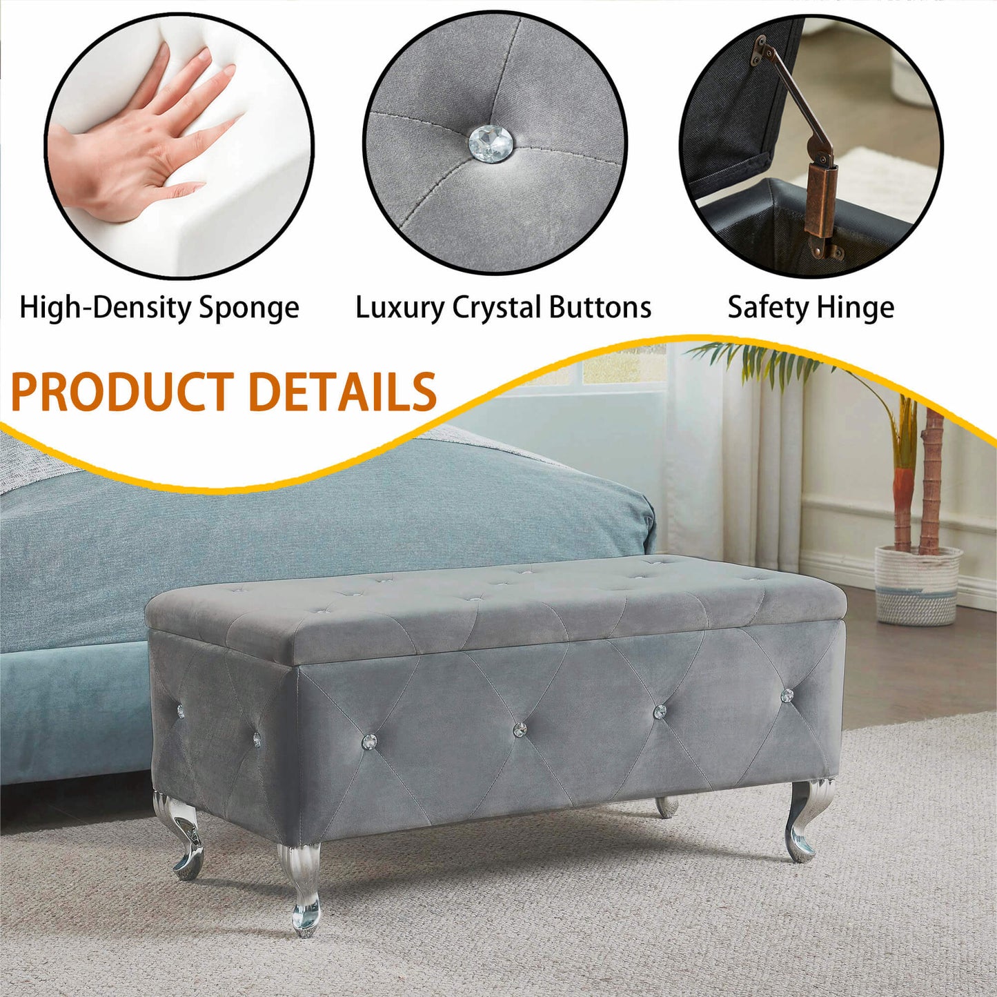 Tufted Storage Ottoman Bench For Bedroom End Of Bed Large Upholstered Storage Benches Footrest With Crystal Buttons For Living Room Entryway (Grey)