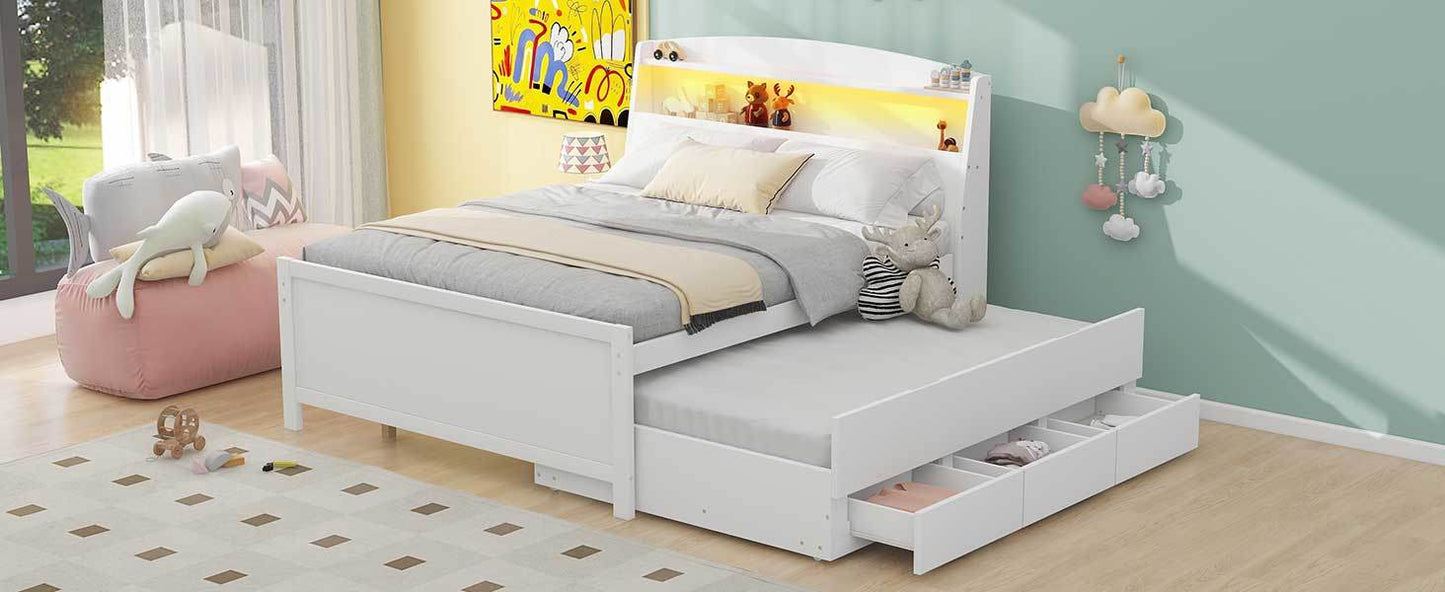 Full Size Platform Bed with Storage LED Headboard, Twin Size Trundle and 3 Drawers, White