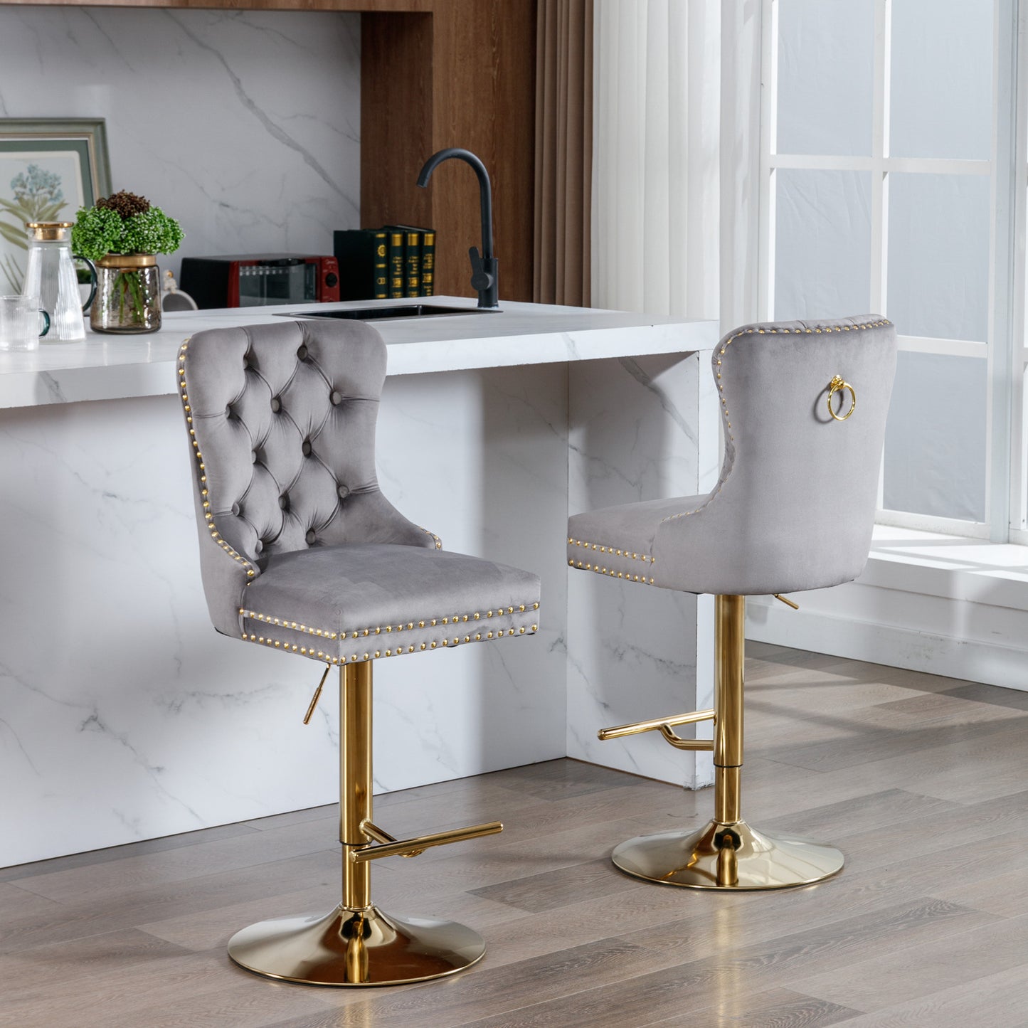 Gray and Gold Velvet Barstools  (Gray, Set of 2)