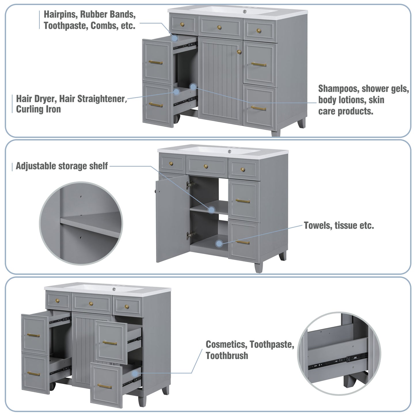 36" Bathroom Vanity Cabinet with Sink Top Combo Set, Grey, Single Sink.