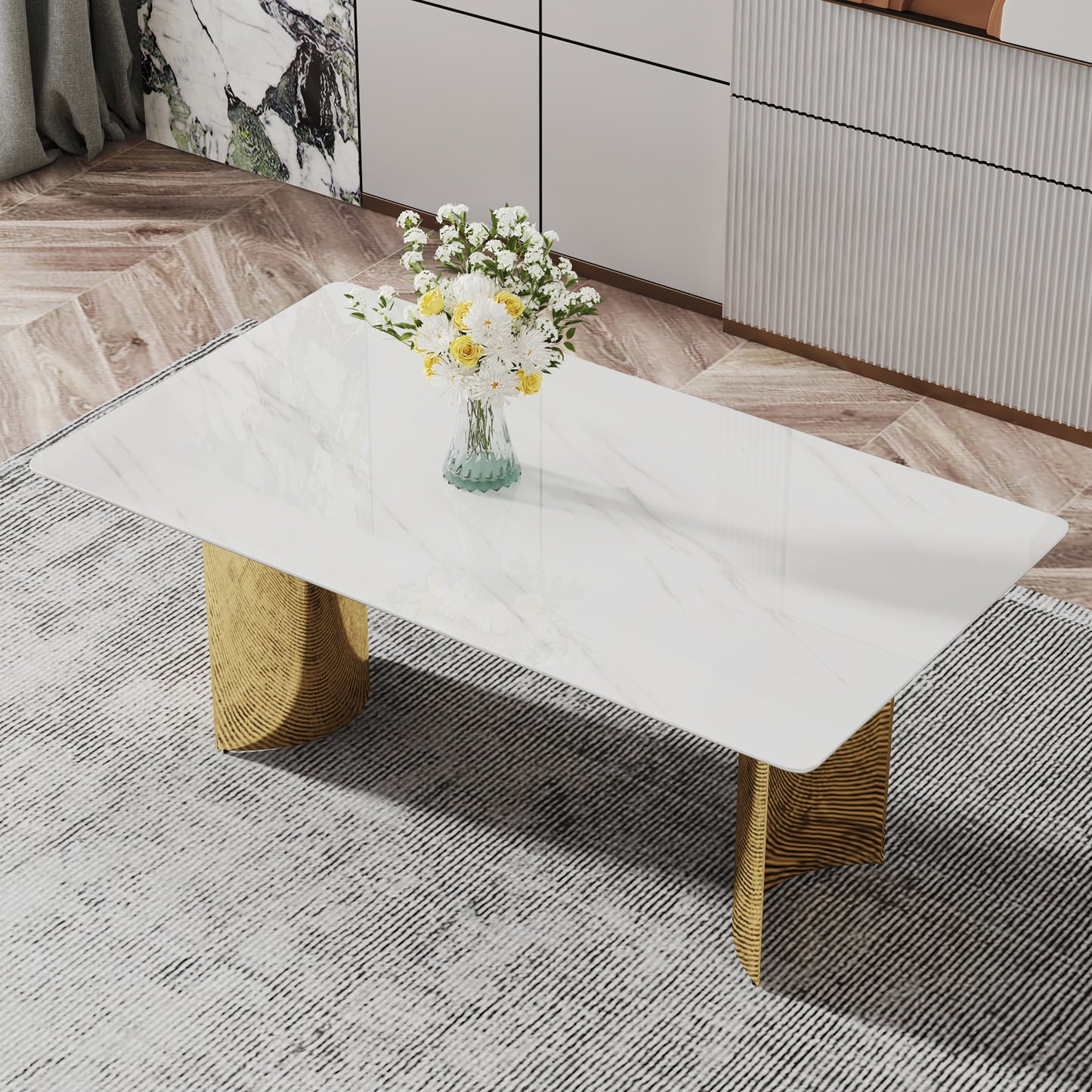 Modern minimalist dining table. The white imitation marble glass desktop is equipped with golden metal legs. Suitable for restaurants and living rooms 71 "* 39.3" * 29.5 "DT-69