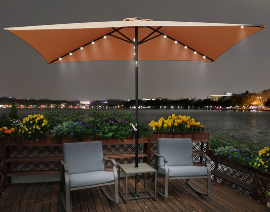 10 x 6.5t Rectangular Patio Solar LED Lighted Outdoor Market Umbrellas with Crank &amp; Push Button Tilt