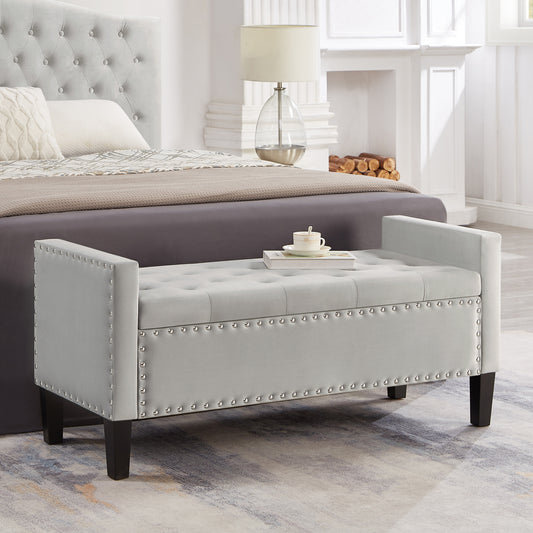 Upholstered Tufted Button Storage Bench with nails trim,Entryway Living Room Soft Padded Seat with Armrest,Bed Bench-Gray