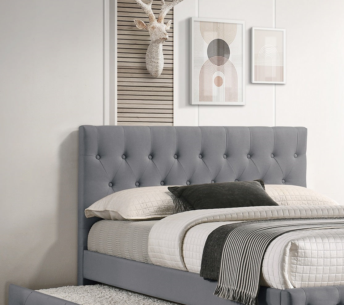 Contemporary Full Size Bed w/ Trundle Slats Light Grey Burlap Upholstered Button Tufted Headboard Footboard Youth Bedroom Furniture wooden Slats 1pc Bed