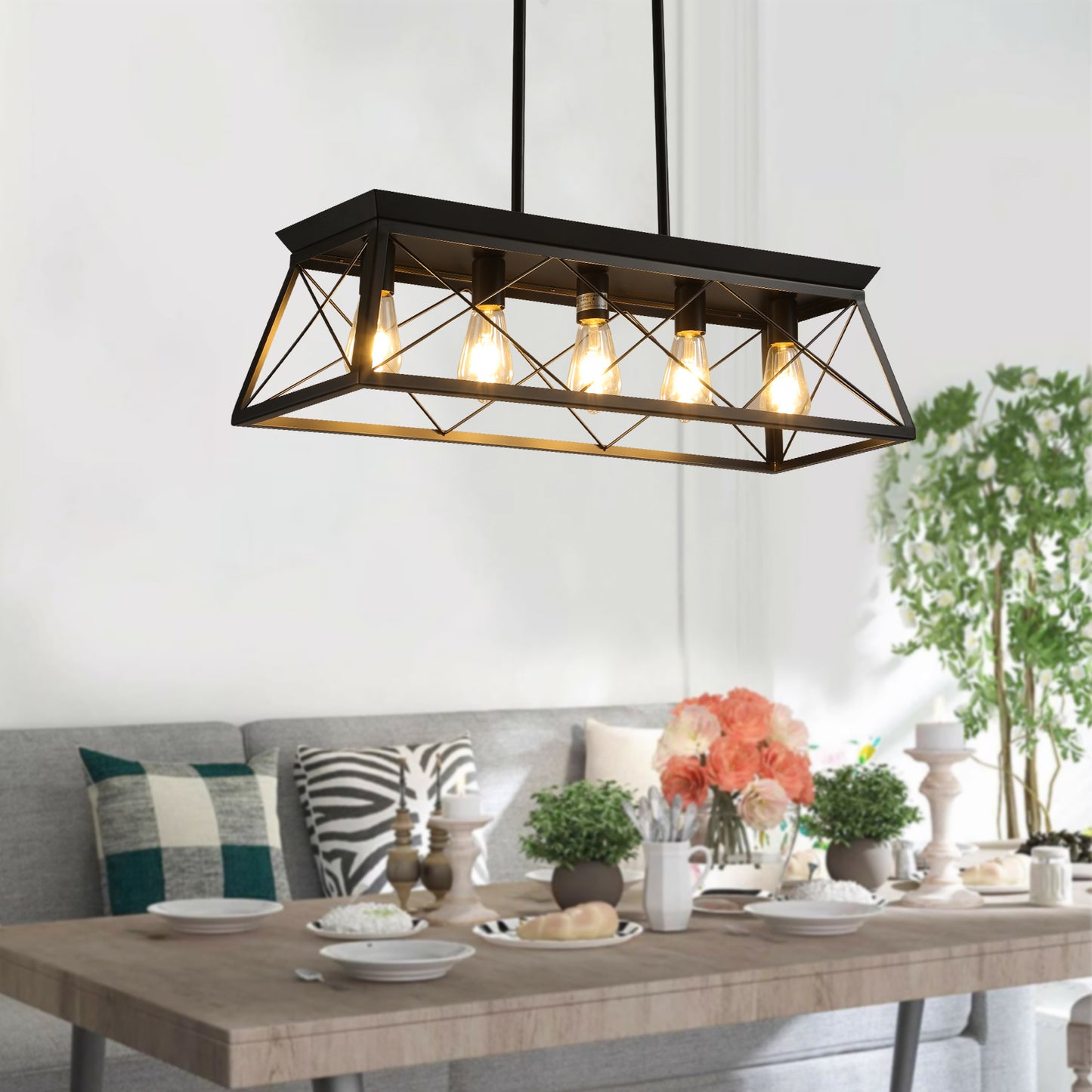 5-Light Farmhouse Chandeliers for Dining Room, Metal Rustic Pendant Island Light Fixture, Modern Rectangular Island Lights for Kitchen, Living Room(No Bulbs)