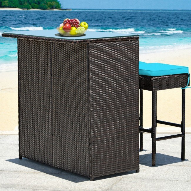 3 Pieces Outdoor Patio Rattan Wicker Bar Set