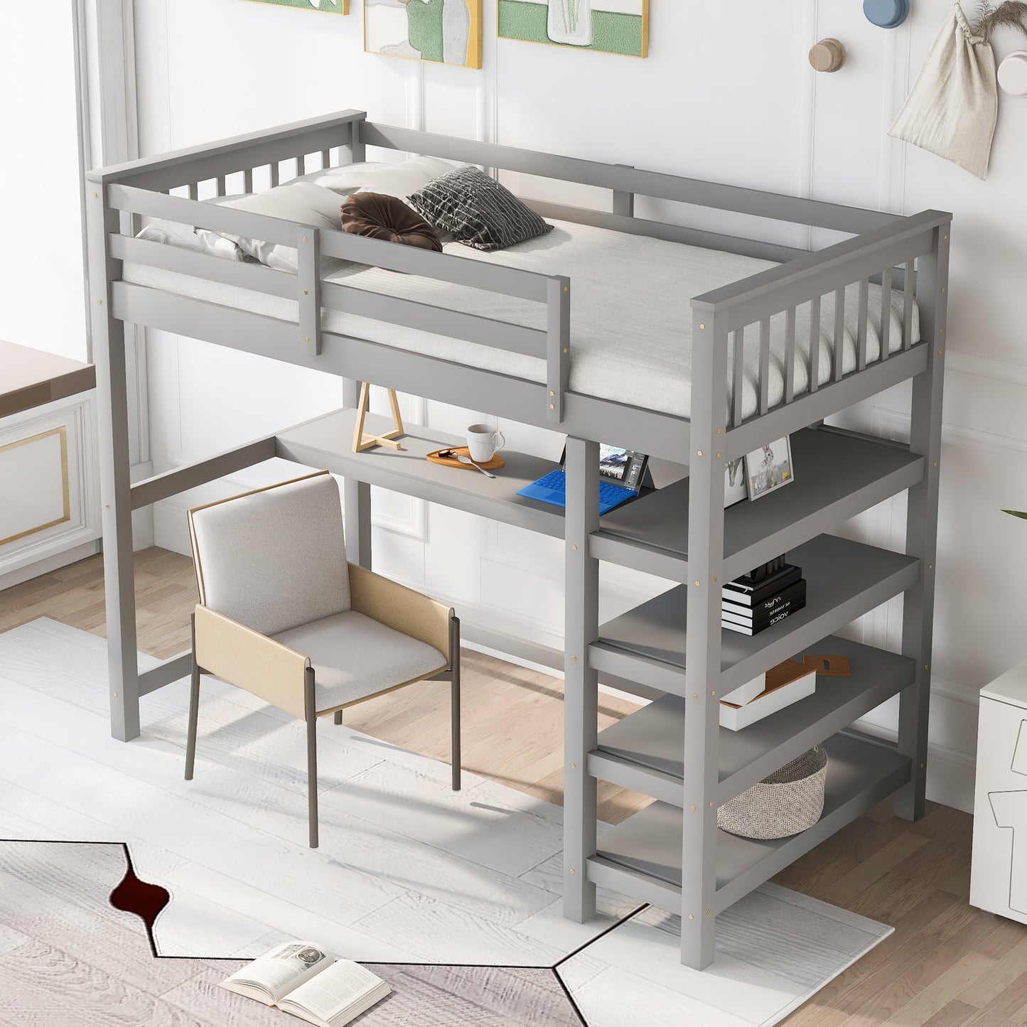 Twin Size Loft Bed with Storage Shelves and Under-bed Desk