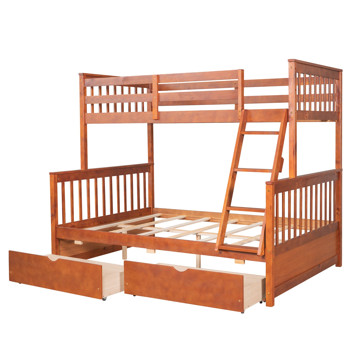 Brown- Twin-Over-Full Bunk Bed with Ladders and Two Storage Drawers