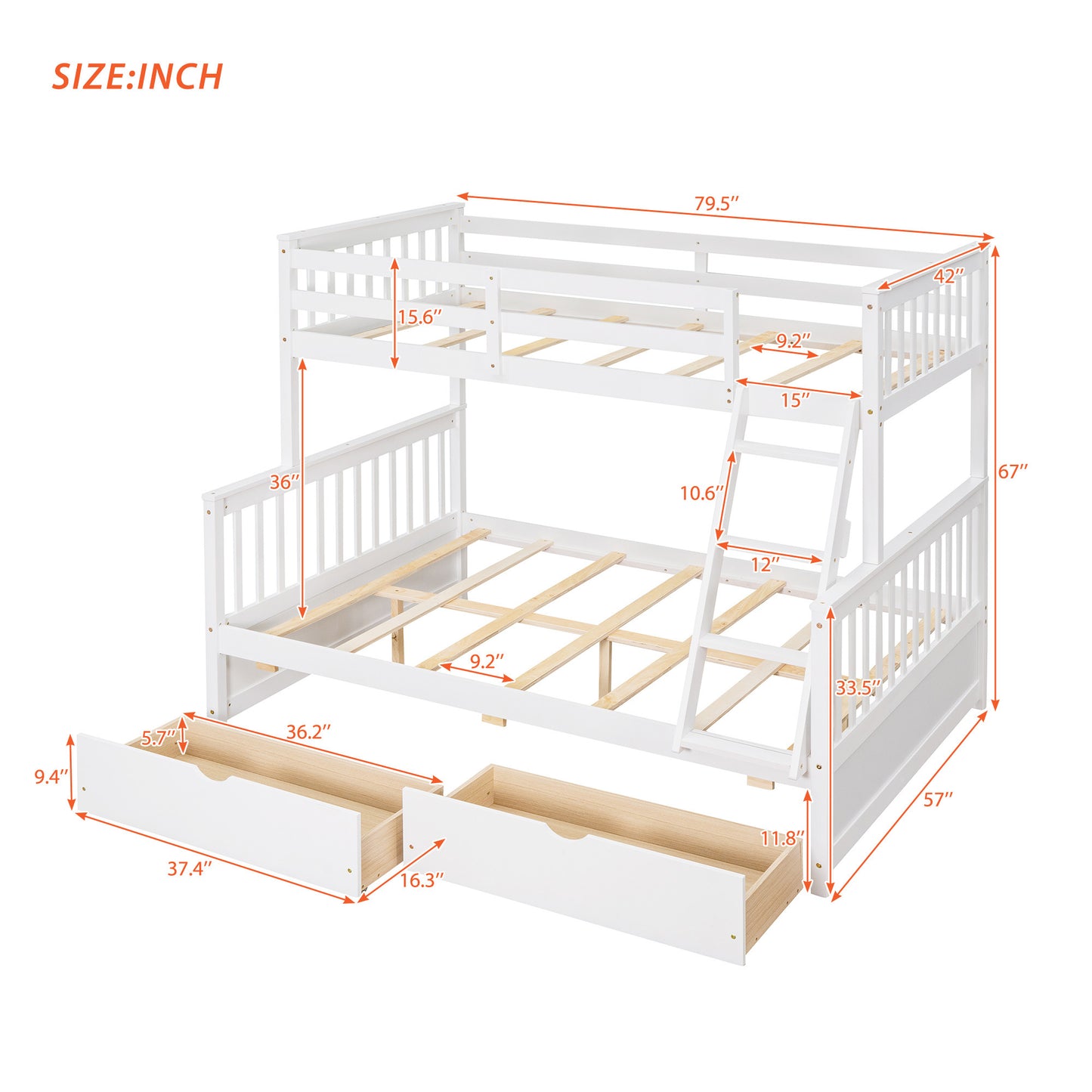 Brown- Twin-Over-Full Bunk Bed with Ladders and Two Storage Drawers