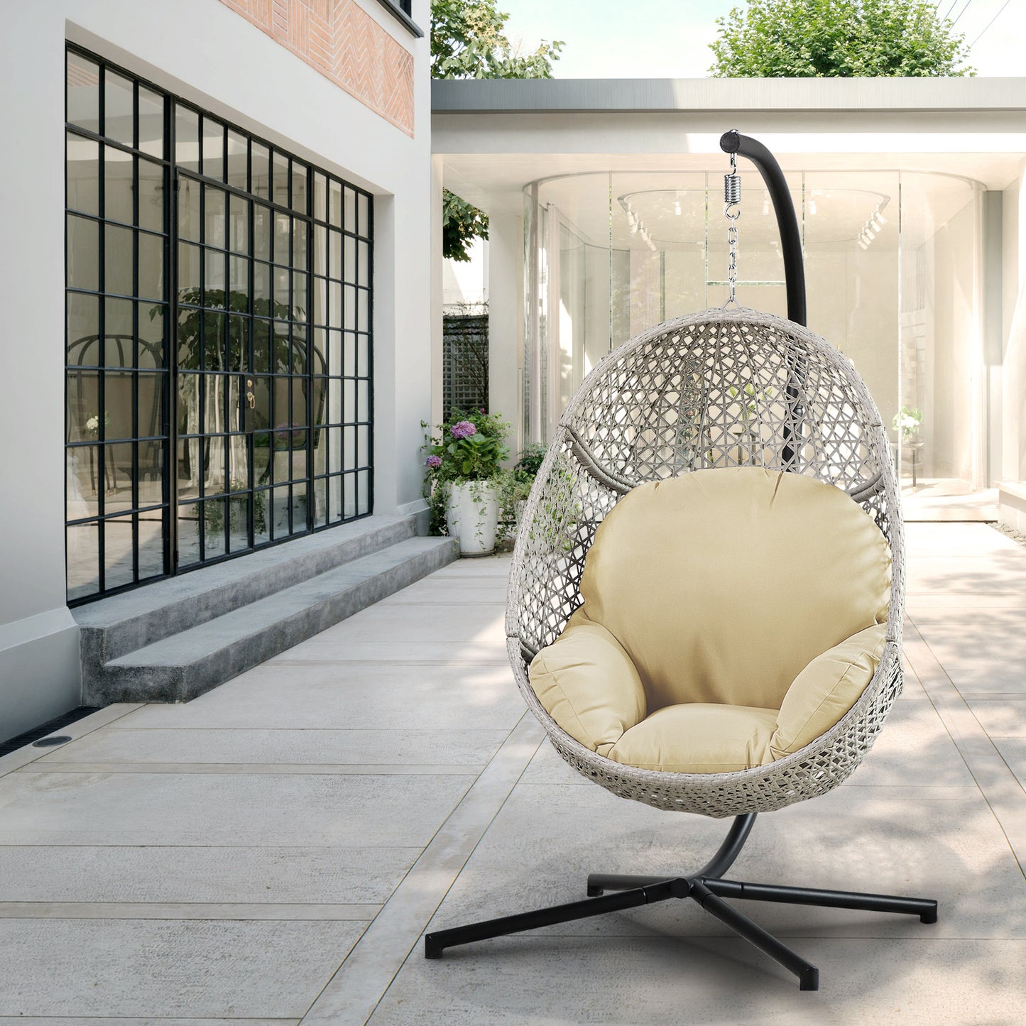 Large Hanging Egg Chair with Metal Stand and UV Resistant Cushion Hammock Chairs with C-Stand for Outdoor Indoor