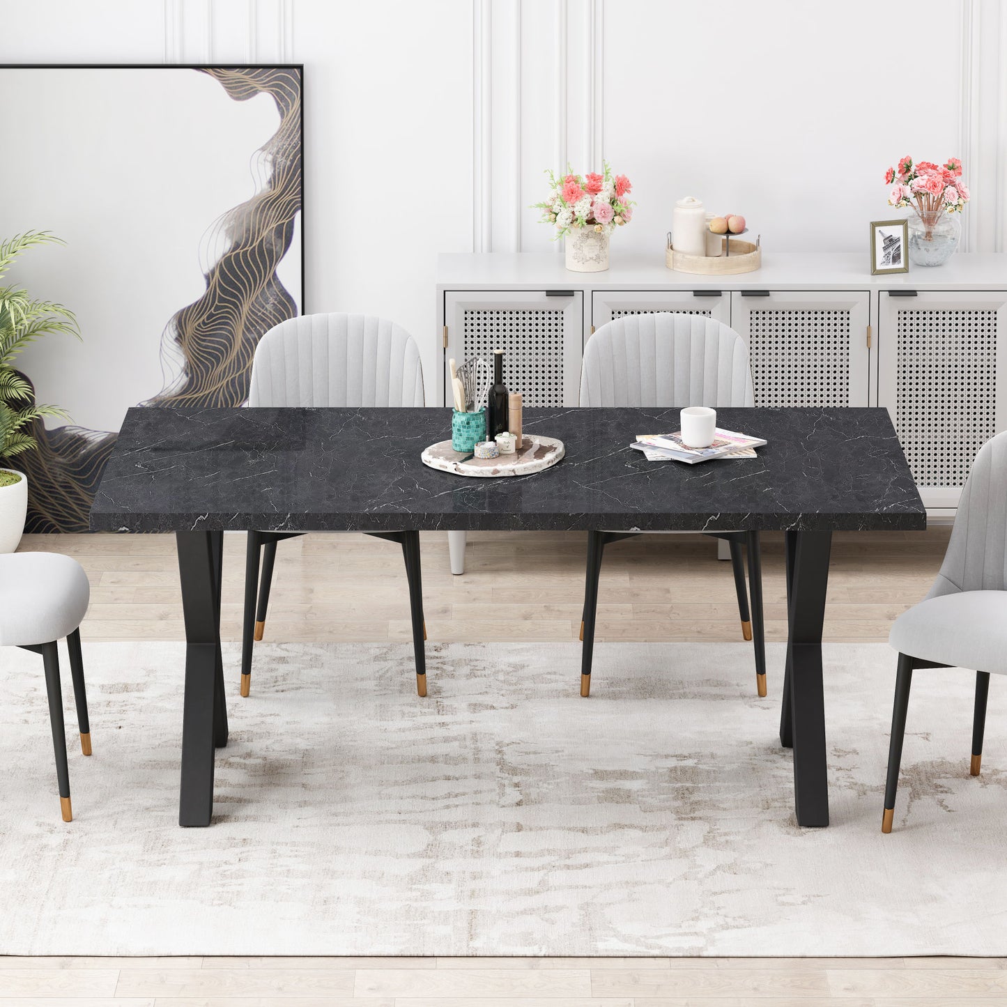 70.87\"Modern Square Dining Table with Printed  Marble Table Top+ X-Shape Table Leg