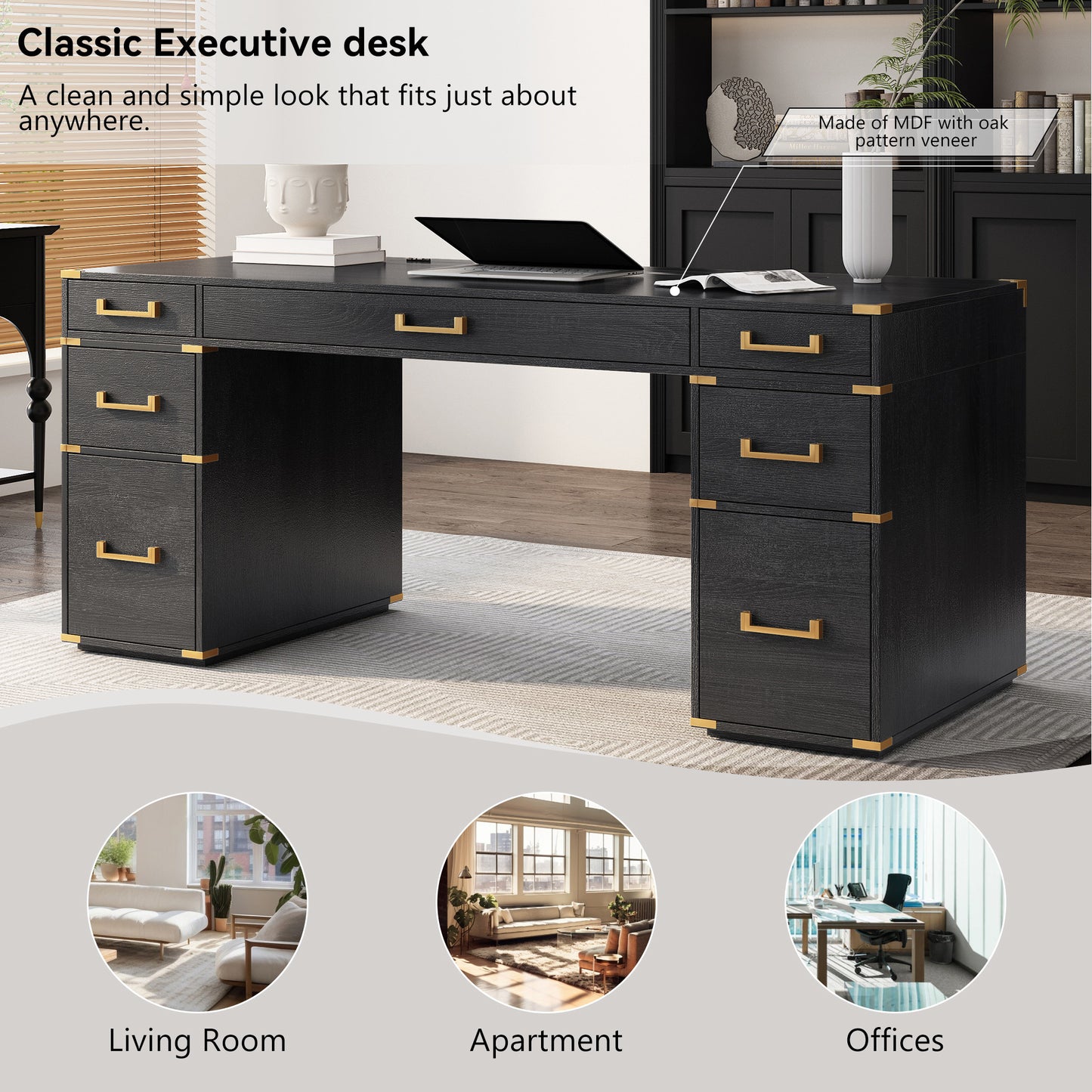 70"Classic and Traditional Executive Desk with Metal Edge Trim , Black