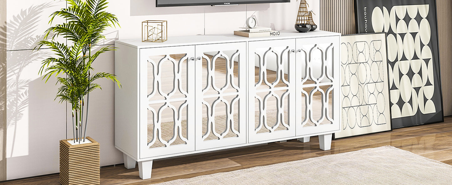 ON-TREND Buffet Cabinet with Adjustable Shelves, 4-Door Mirror Hollow-Carved TV stand for TVs Up to 70'', Multi-functional Console Table with Storage Credenza Accent Cabinet for Living Room, White