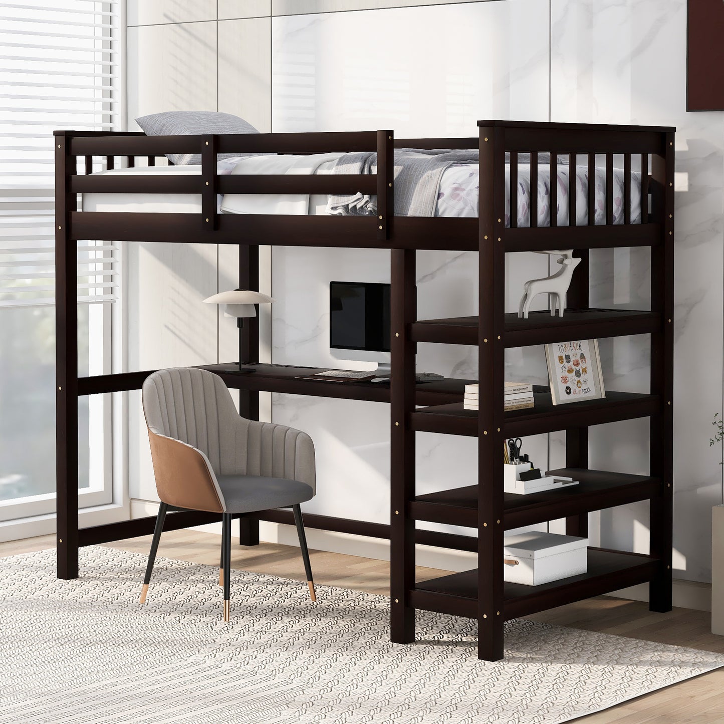 Twin Size Loft Bed with Storage Shelves and Under-bed Desk