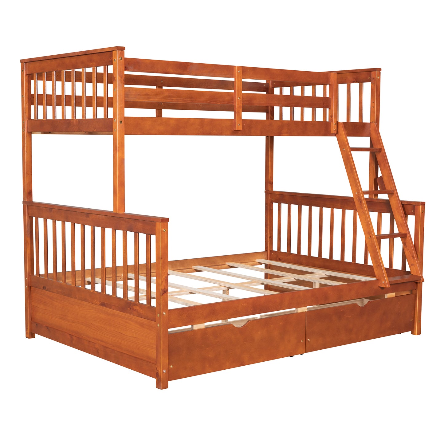 Brown- Twin-Over-Full Bunk Bed with Ladders and Two Storage Drawers