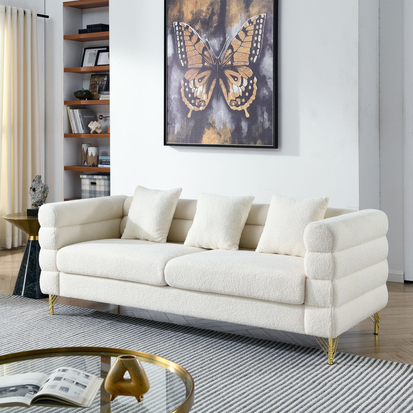 81 Inch Oversized 3 Seater Sectional Sofa, Living Room Comfort Fabric Sectional Sofa - Deep Seating Sectional Sofa, Soft Sitting with 3 Pillows for Living Room, Bedroom, etc., White teddy(Ivory)