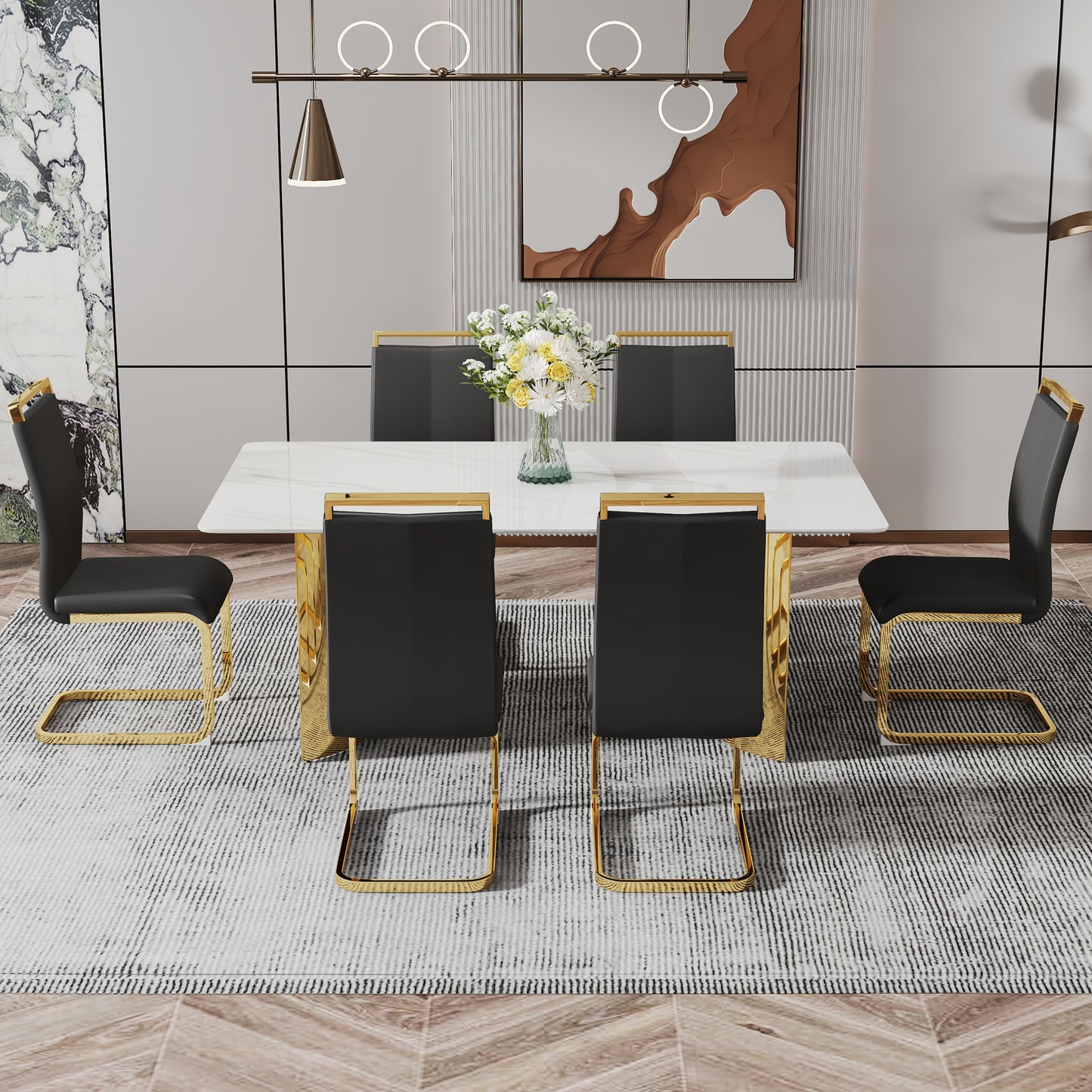 Modern minimalist dining table. The white imitation marble glass desktop is equipped with golden metal legs. Suitable for restaurants and living rooms 71 "* 39.3" * 29.5 "DT-69