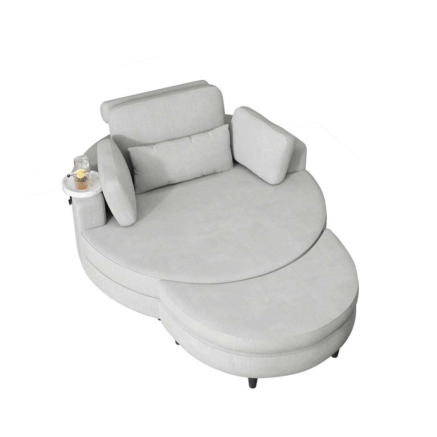 51-inch gray corduroy sofa with two throw pillows and a waist pillow with an extra tray