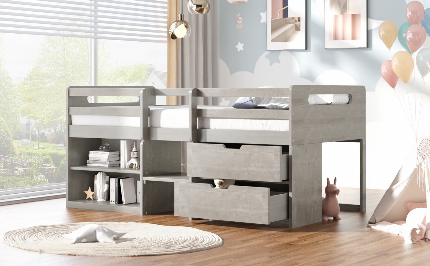 Twin size Loft Bed with Two Shelves and Two drawers