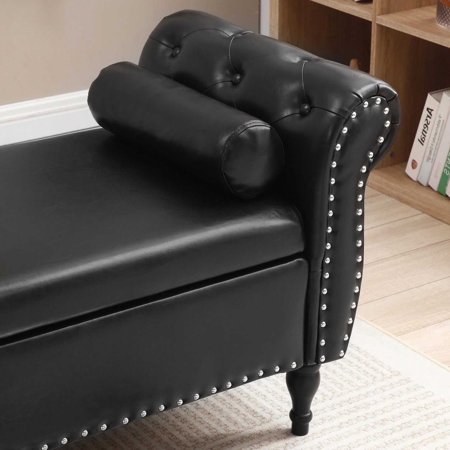 63" PU Upholstered End of Bed Bench Flip Top Entryway Ottoman with Safety Hinge Storage Rectangular Sofa Stool Buttons Tufted Nailhead Trimmed Solid Wood Legs with 1 Pillow,Black