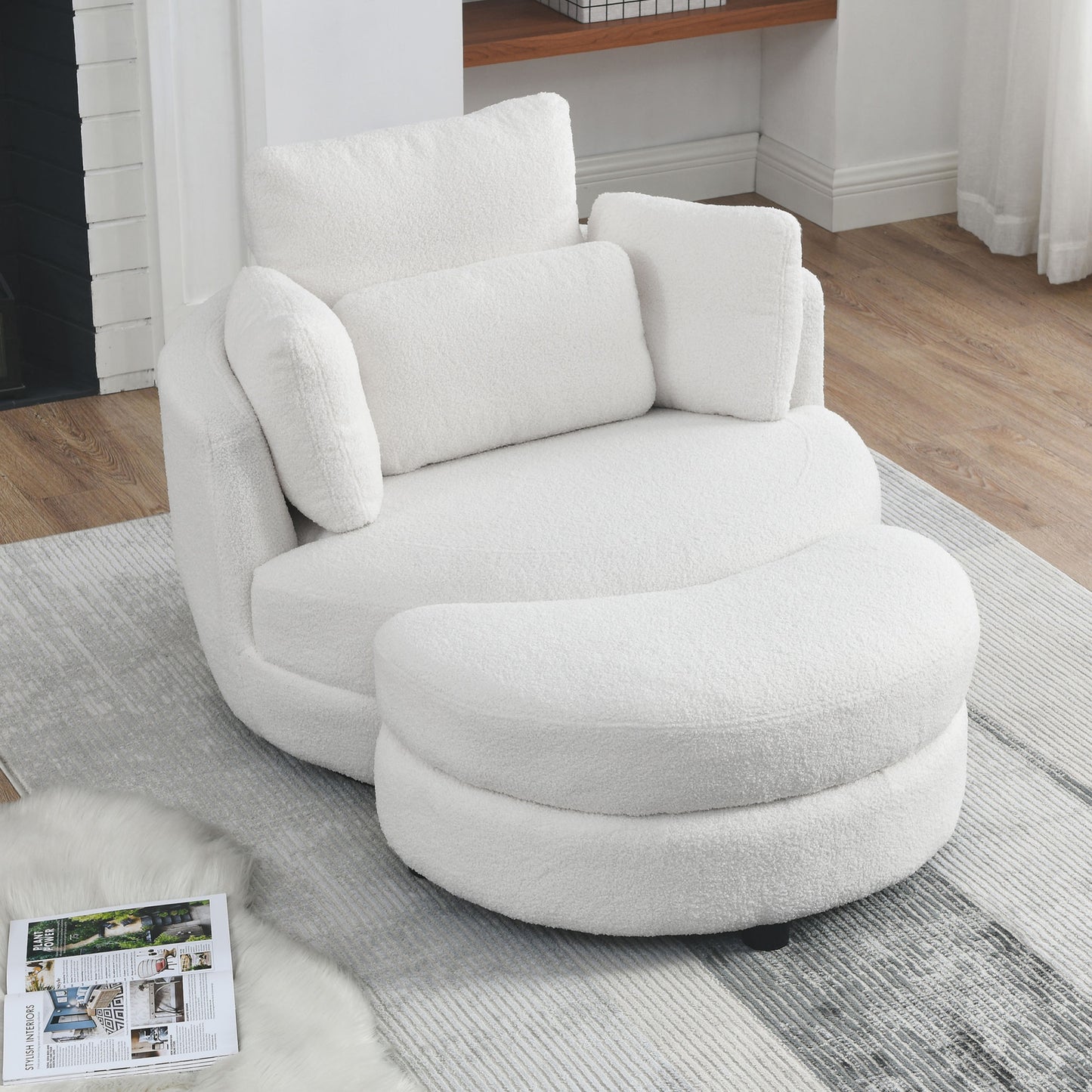 39"W Oversized Swivel Chair with moon storage ottoman