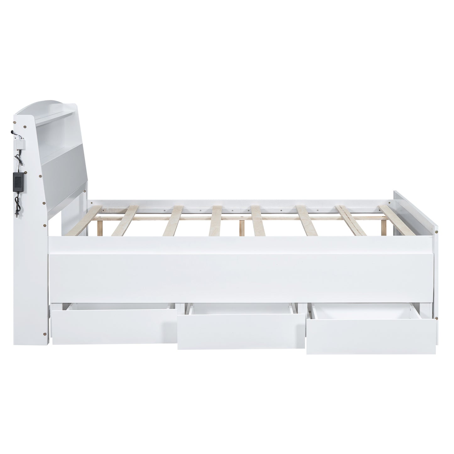 Full Size Platform Bed with Storage LED Headboard, Twin Size Trundle and 3 Drawers, White