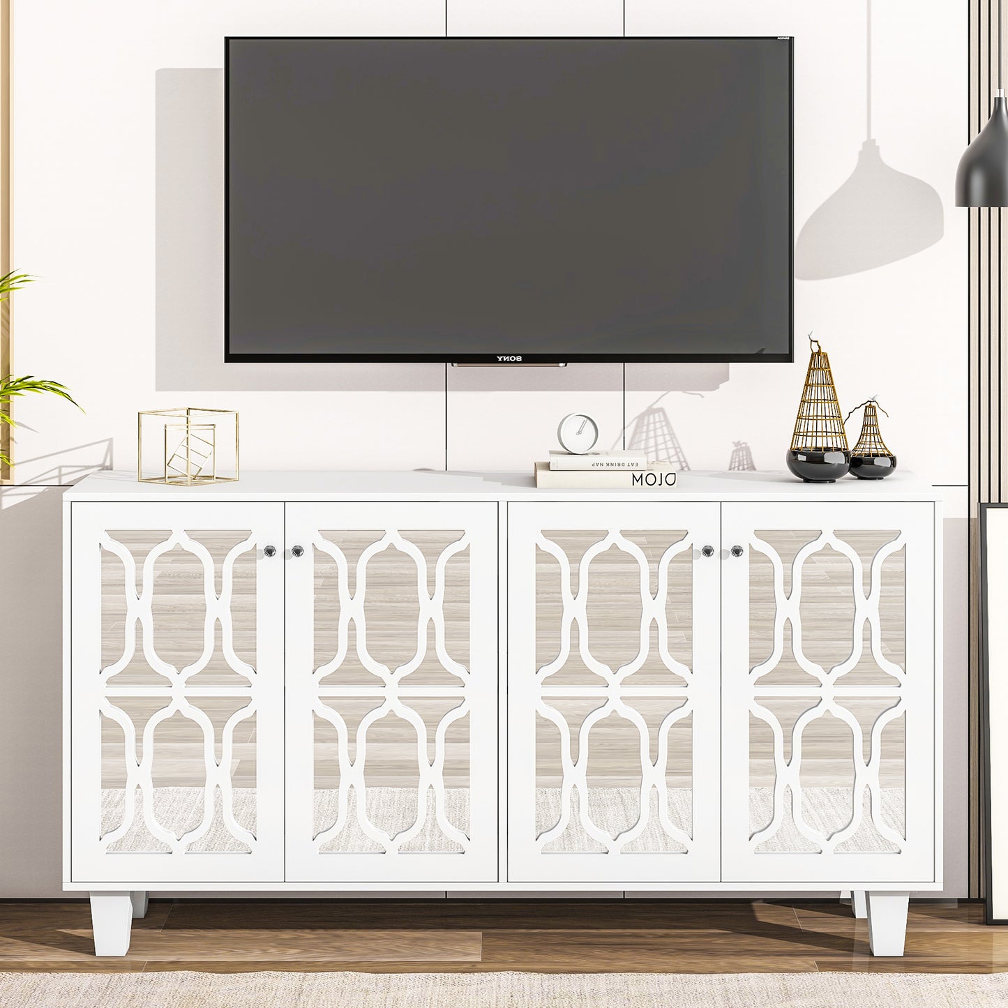 ON-TREND Buffet Cabinet with Adjustable Shelves, 4-Door Mirror Hollow-Carved TV stand for TVs Up to 70'', Multi-functional Console Table with Storage Credenza Accent Cabinet for Living Room, White