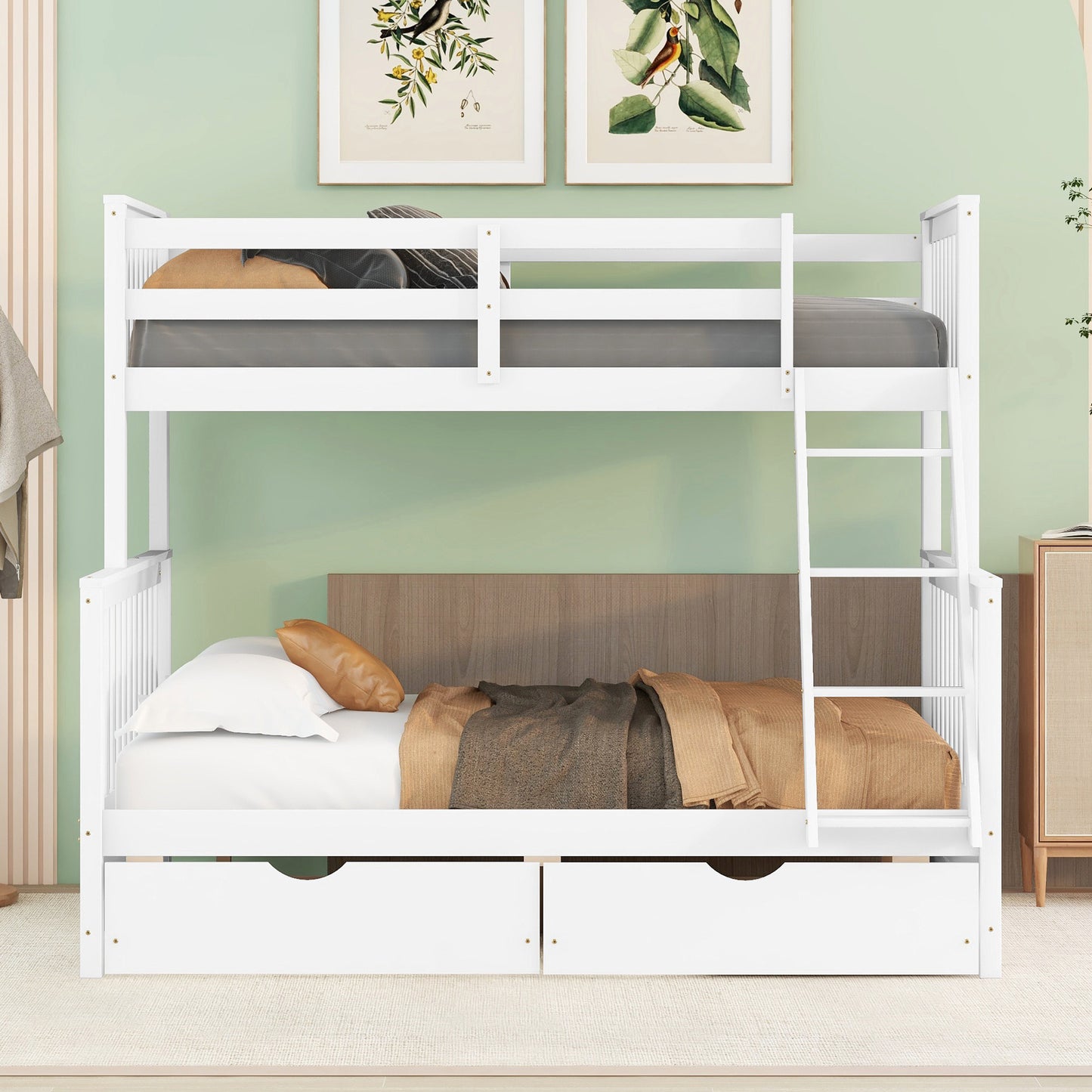 Brown- Twin-Over-Full Bunk Bed with Ladders and Two Storage Drawers