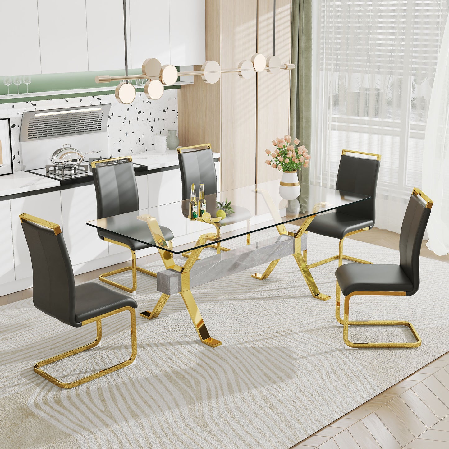 LuxGlass Rectangular Dining Set - Includes 1 Table and 6 Chairs. Modern Simplicity with Tempered Glass Tabletop and 6 Black PU Gold-Plated Leg Chairs. Dimensions: 79''x39''x30''