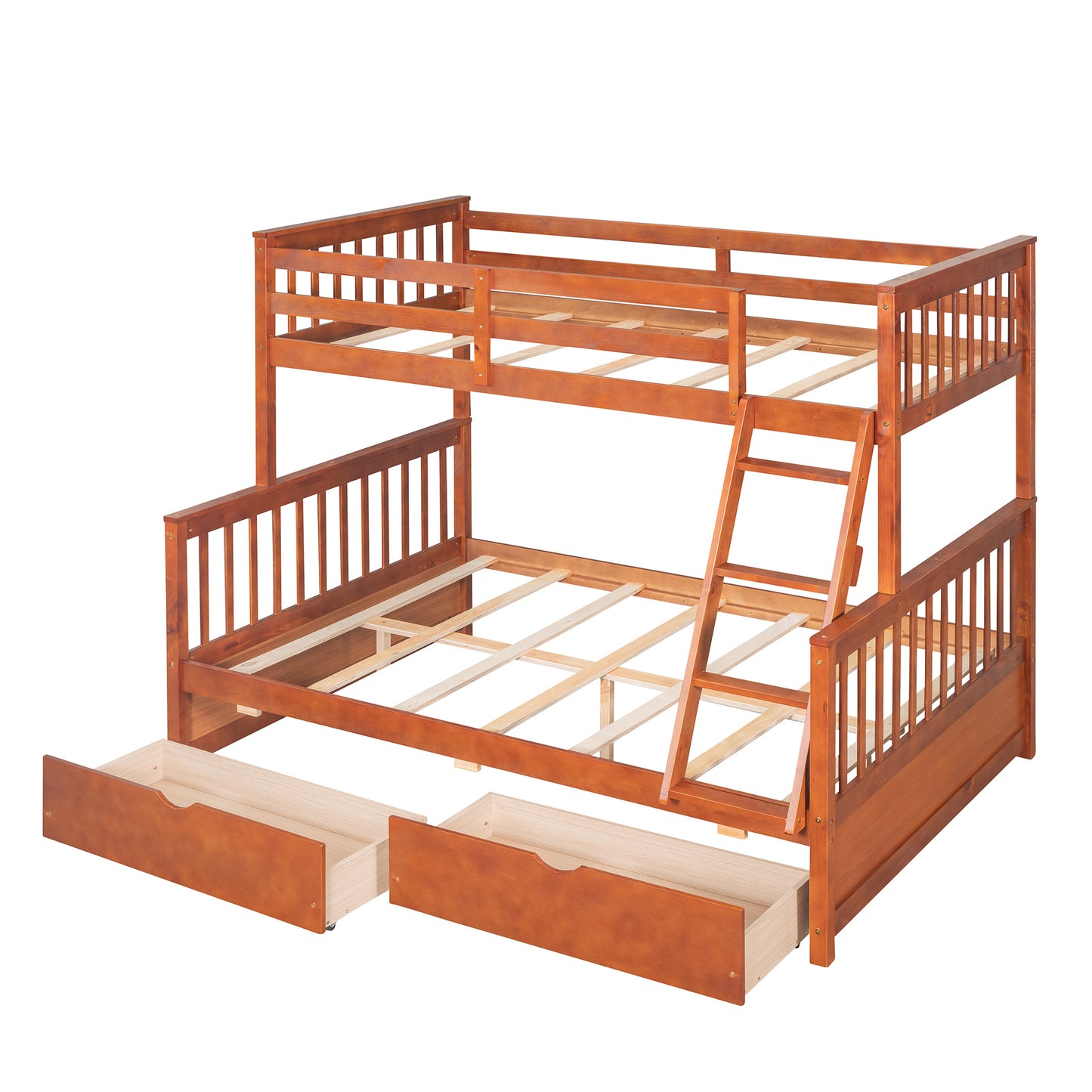 Brown- Twin-Over-Full Bunk Bed with Ladders and Two Storage Drawers