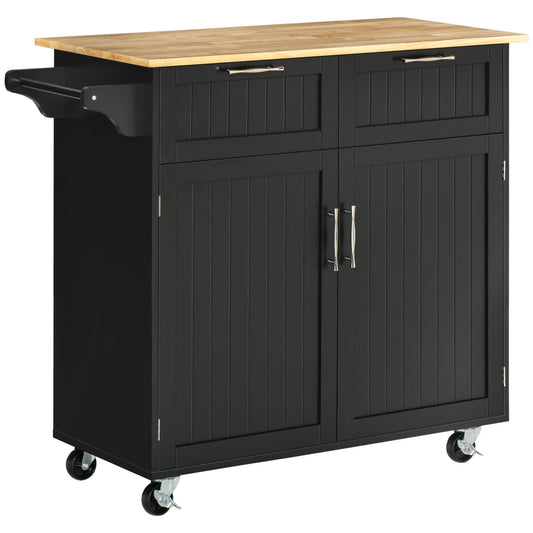 41" Modern Rolling Kitchen Island on Wheels, Utility Cart Storage Trolley with Rubberwood Top & Drawers, Black