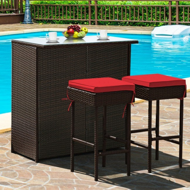 3 Pieces Outdoor Patio Rattan Wicker Bar Set