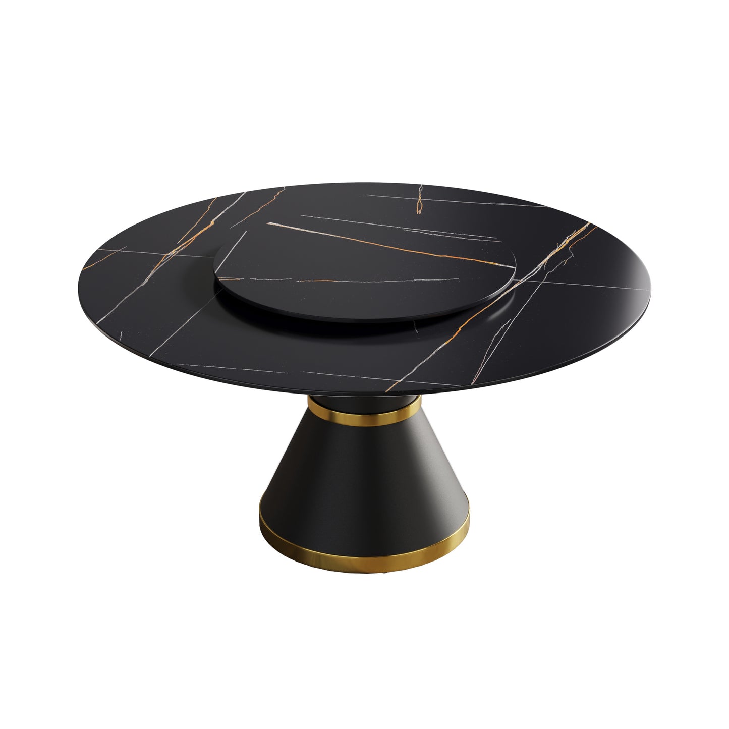 59.05"Modern artificial stone round black carbon steel base dining table-can accommodate 6 people-31.5"black artificial stone turntable