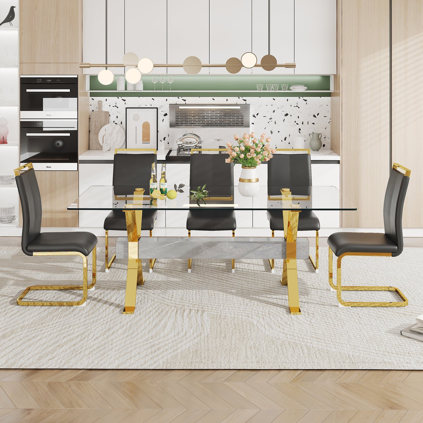 LuxGlass Rectangular Dining Set - Includes 1 Table and 6 Chairs. Modern Simplicity with Tempered Glass Tabletop and 6 Black PU Gold-Plated Leg Chairs. Dimensions: 79''x39''x30''